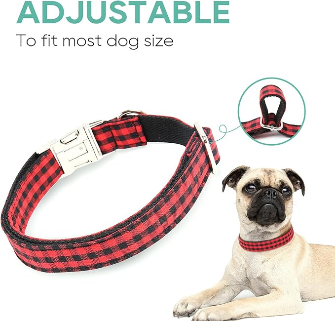 Timos Dog Collar, Adjustable Soft Dog Collar for Small Medium Large Dogs, Patterned Puppy Collars with Quick Release Buckle for Boy and Girl Female Dogs (Black Red Plaid, Medium)