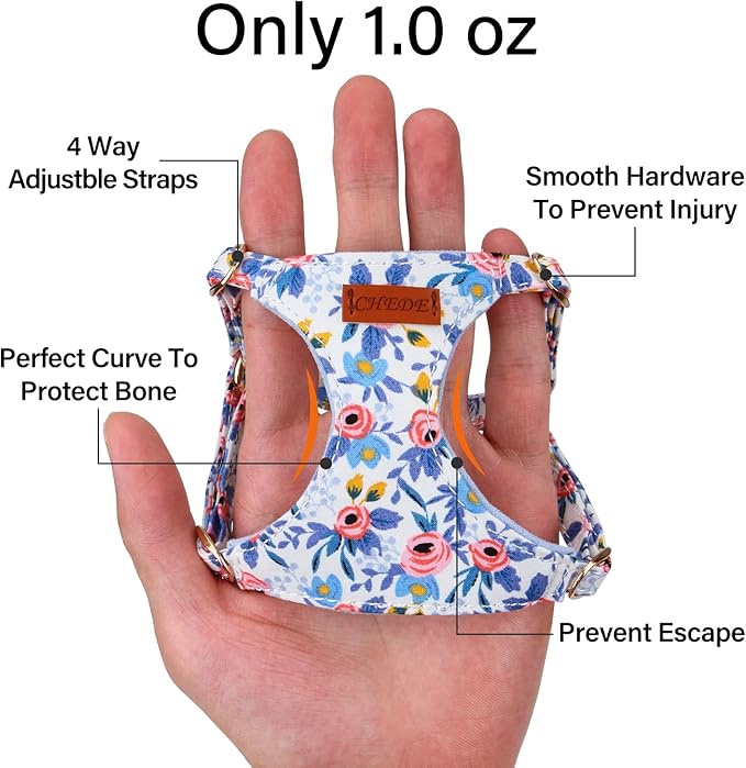 CHEDER No-Pull Floral Pattern Dog Harness - Lightweight & Soft, Adjustable for Small & Medium Dogs (XXS, Blue Rose) with Leash