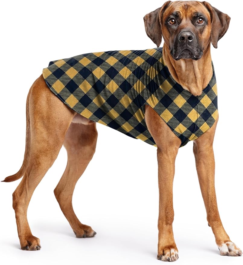 Stretch Fleece Dog Coat, Stretchy Pet Sweater, Machine Washable Pullover for Winter and Fall, Gold Buffalo Check, 26