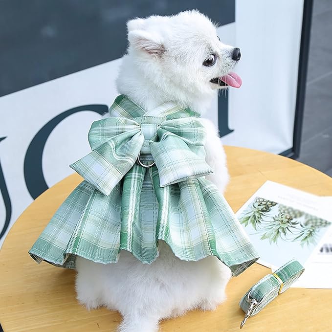 Dog Harness and Leash Set, Cute Bow Tie Plaid Harnesses for Puppy Cat, Adjustable Pet Kitties Vest, Breathable Traction Rope Boy Girl Small Animal(Skirt Green,2XL 15.4-22lbs Dog)