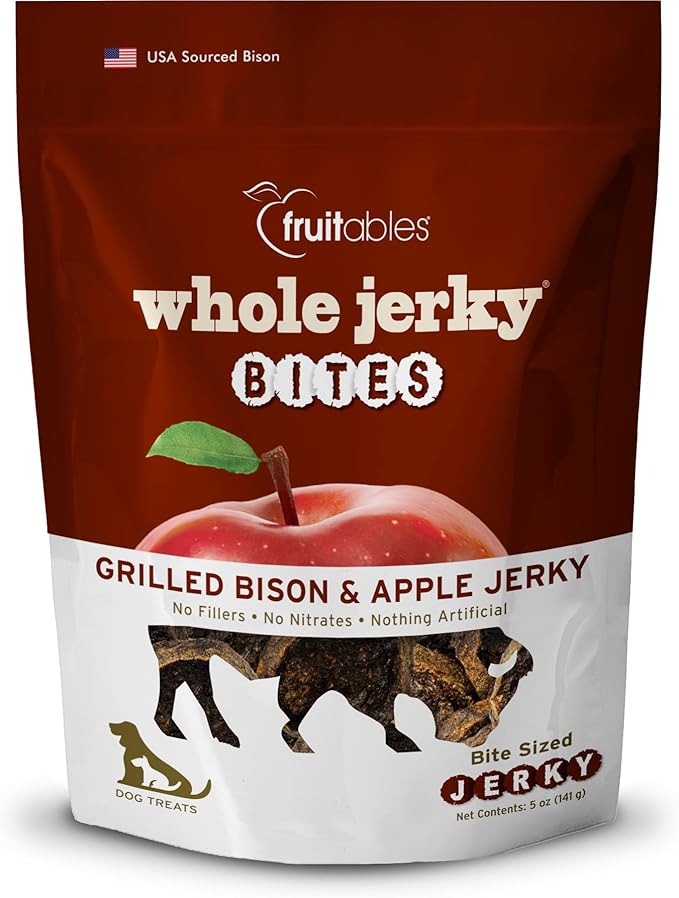 Fruitables Whole Jerky Bites for Dogs – Grilled Bison Grain-Free Dog Treats – Natural High Protein Chews with Real Meat – Limited Ingredient Recipe for Training or Reward – 5 oz Bag