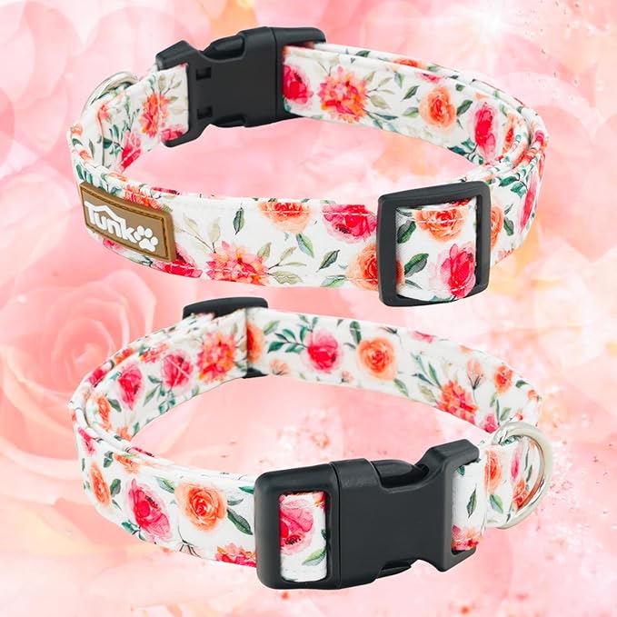 Tunkoo Flower Dog Collar with Rose Cute Adjustable Premium Cotton Collar Durable Plastic Buckle for Small Medium Large Boys Girls Dogs, S