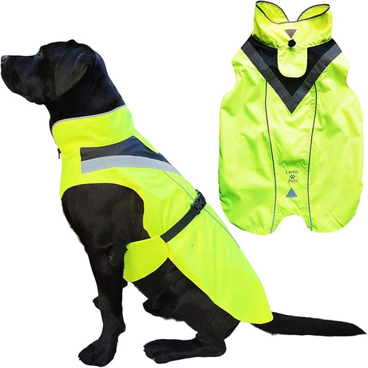 Dog Rain Coat - Waterproof, Reflective, Bright Yellow with Harness Hole (2XL, Yellow)
