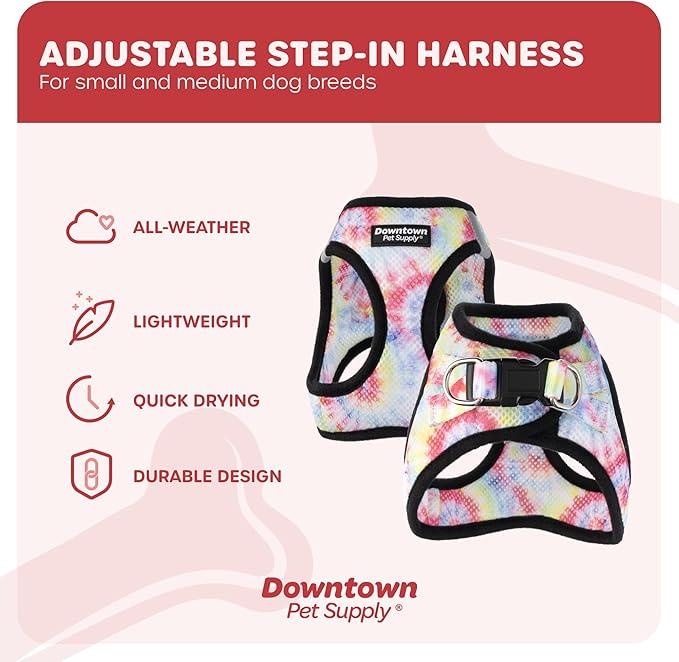 Downtown Pet Supply Step in Dog Harness for Small Dogs No Pull, Large, Tie Dye Traditional - Adjustable Harness with Padded Mesh Fabric and Reflective Trim - Buckle Strap Harness for Dogs