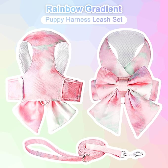 PETCARE Cute Bow Tie Dog Harness and Leash Set Elegant Rainbow Gradient Puppy Harness No Pull Soft Mesh Pet Cat Dog Vest Harnesses for Small Dogs Cats, Pink