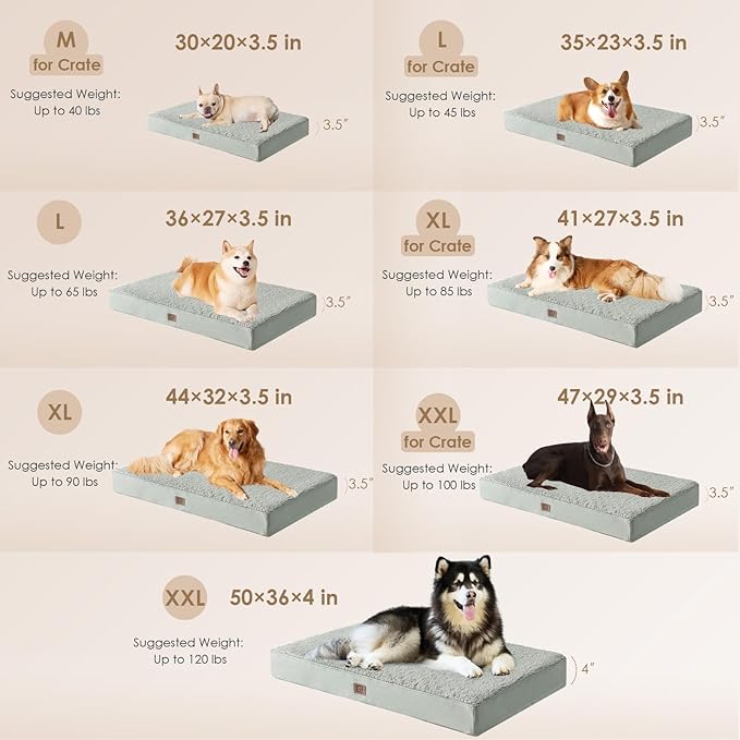 EHEYCIGA Orthopedic Dog Beds for Large Dogs with Removable Washable Cover for Crate, Greyish Green, 35x23