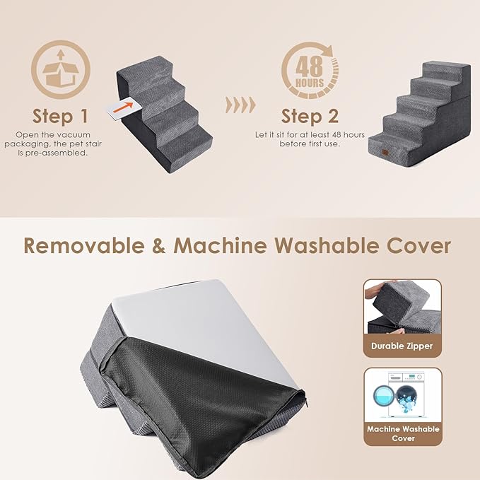 EHEYCIGA Dog Stairs for High Bed 22.5”H, 5-Step Dog Steps for Bed, Pet Steps for Small Dogs and Cats, Non-Slip Balanced Pet Ramp Indoor, Grey