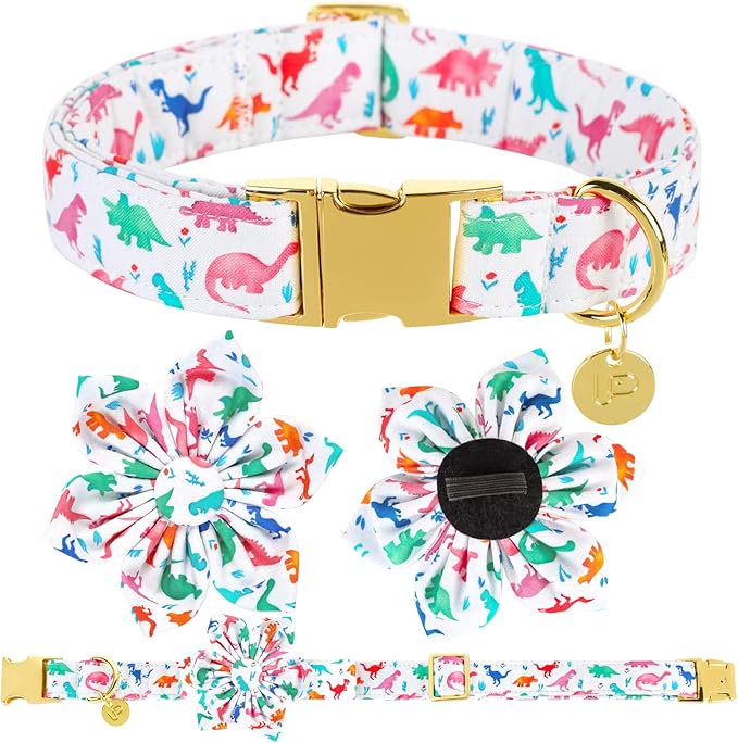Flower Dog Collar, Dinosaur Adjustable Comfortable Cotton Dog Collar with Flower, Metal Buckle Dog Flower Collar for X-Large Girl Dog, XL