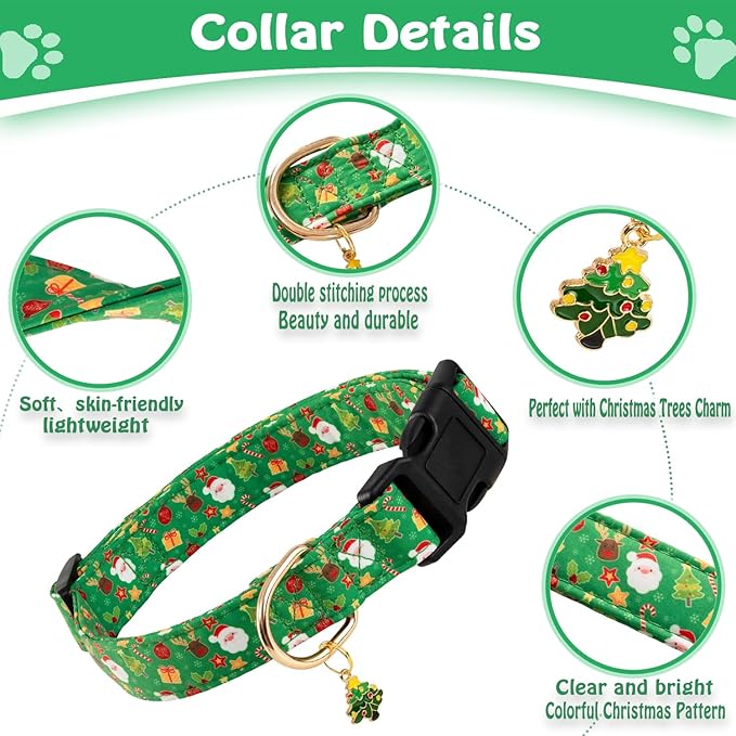 Green Christmas Dog Collar for Small Medium Large Dogs Special Design Cute Green Christmas Dog Collar for Girl Boy Dogs Soft Adjustable Christmas Trees Charm Puppy Collars for Male Dogs S