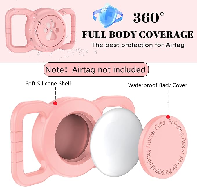 SANKALA Airtag Dog Collar Holder, [1 Pack] Waterproof Airtag Collar Holder for Dog, Silicone Full Body Covered Anti-Lost Protective Apple Airtag Case for Pet Collar - Fits All Width Collars,Pink