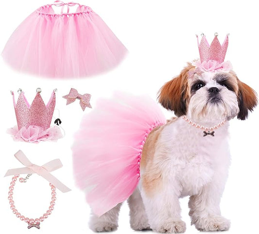 Dog Birthday Outfit Pink Tutu Dogs Birthday Party Supplies Dog Birthday Hat Necklace and Bowtie Hairpin for Dogs (16-23 inch Wrist)