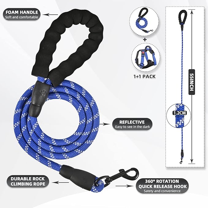 No Pull Dog Harness with A Free Heavy Duty 5ft Dog Leash, Adjustable Soft Padded Dog Vest, Reflective No-Choke Pet Oxford Vest with Easy Control Handle for Small and Large Dogs (Blue, X-Large)