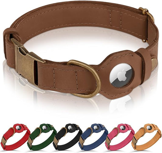 AirTag Dog Collar - Genuine Leather Dog Collar with Apple AirTag Holder and Metal Buckle - Smart GPS Tracking Pet Collars for Small Medium Large Dogs Puppy (Tawny, XL, 20"-25" Neck Fit)
