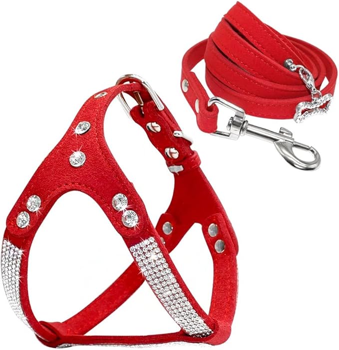 Beirui Soft Suede Leather Dog Harness and Leash Set - Rhinestone Dog Harness Sparkly Crystal Vest & 4 ft Lead for Small Dogs Pets Bulldog Schnauzer Cocker,Red,Chest for 14-17"