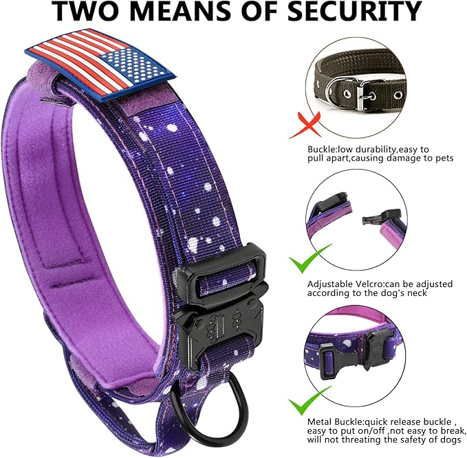 DAGANXI Tactical Dog Collar, Adjustable Military Training Nylon Dog Collar with Control Handle and Heavy Metal Buckle for Medium and Large Dogs, with Patches and Airtags Case (M, Purple Sky)
