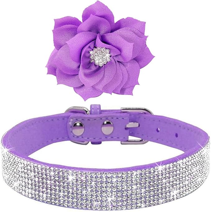 Cute Dazzling Sparkling Soft Suede Leather Dog Rhinestone Collar, Crystal Diamond Pet Dog Puppy Collar (Purple, S)