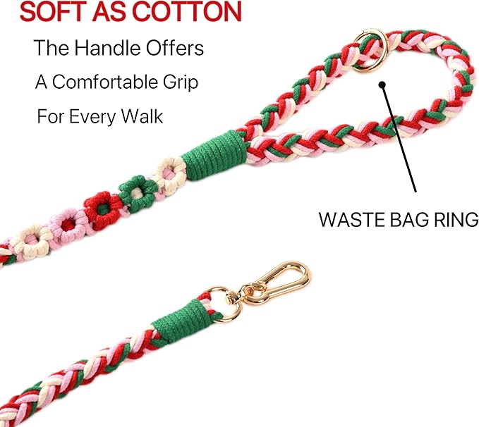 Handmade 5ft Braided Cotton Dog Leash with Unique Floral Handle, Durable and Stylish, Ideal for Small to Large Dogs,Strawberry