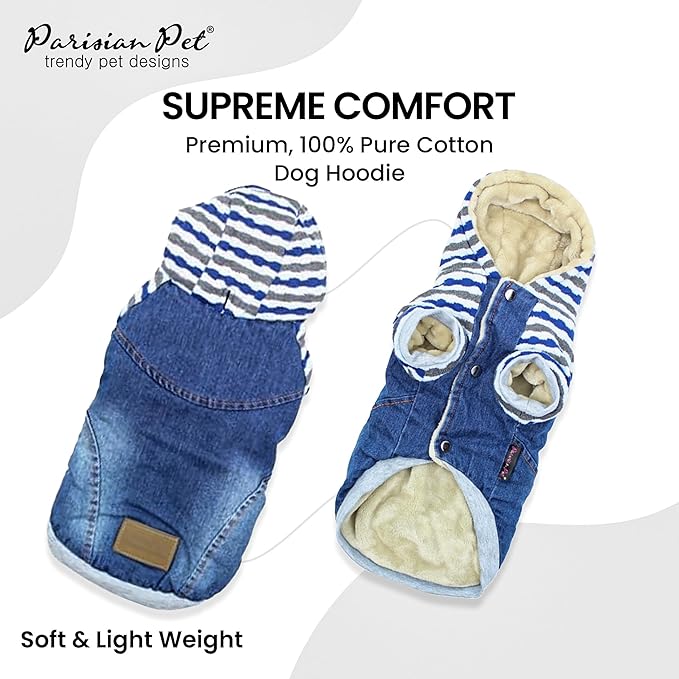 Parisian Pet Basic Dog Hoodie - Lightweight Denim Striped Sweatshirt - Pullover With Leash Hole and Pockets - Blue Cotton Clothes for Large Dogs - 3XL