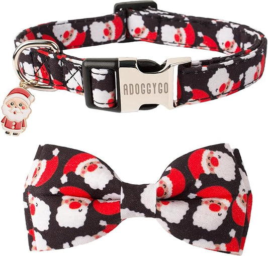 ADOGGYGO Christmas Dog Collar with Detachable Bowtie, Adjustable Red Santa Pet Christmas Bow Collars for Small Medium Large Dogs (Medium)