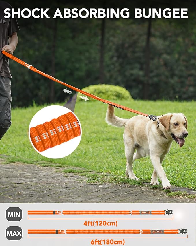 Joytale Tactical Dog Leash Heavy Duty, 4-6FT Shock Absorbing Bungee Lead with 2 Padded Handle, Metal Carabiner Clip, Car Seatbelt, Strong No Pull Leash for Medium Large X-Large Dogs, Orange