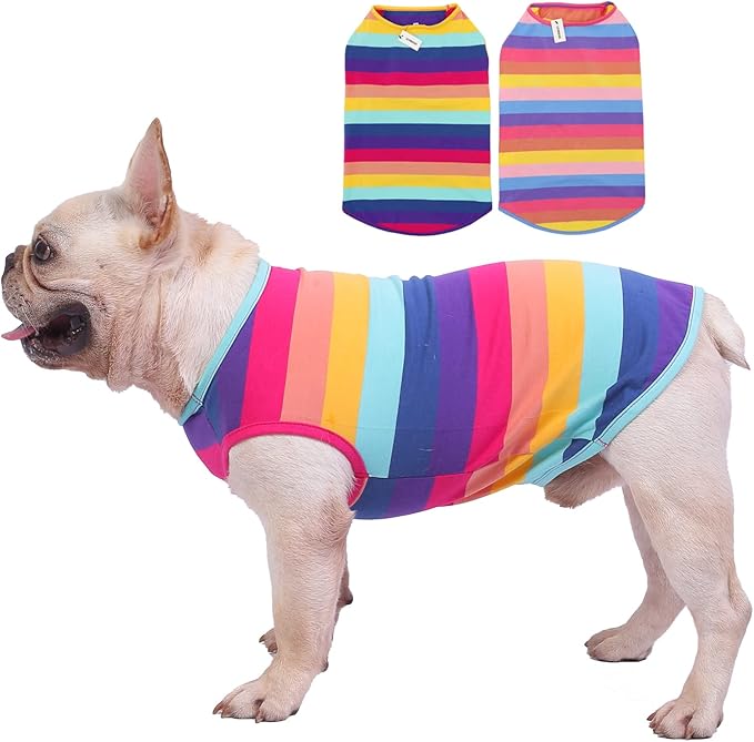 Dog Shirts Cotton Striped T-Shirts, Breathable Basic Vest for Puppy and Cat, Super Soft Stretchable Doggy Tee Tank Top Sleeveless, Fashion & Cute Color for Boys and Girls (XS, Rainbow)