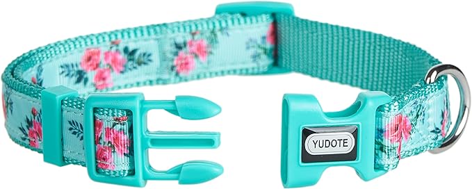 Green Flower Pattern Dog Collar, Nylon Webbing Plus Polyester Ribbon 2 Layers, for Small Dogs(Small, Green Flower)