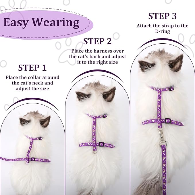 2 Pack Adjustable Cat Harness with Collar Set, Escape Proof Harness Comfortable Soft Neck Release Harnesses Glow in The Dark for Small Medium Cats