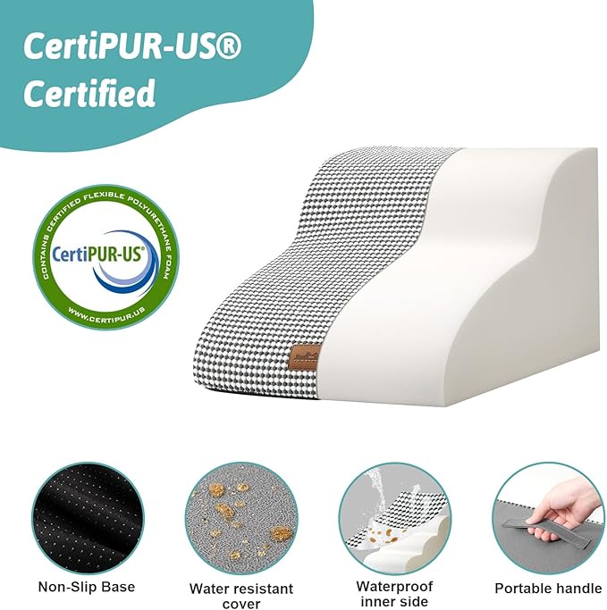 Dog Stairs for Small Dogs 11.8" H, Pet Step with Leakproof Cover, High Density Foam Cat Ramp for Chair or Sofa, Lightweight, Durable, Comfort, 15.7x19.7x11.8 inch, 2 Tiers, White Black