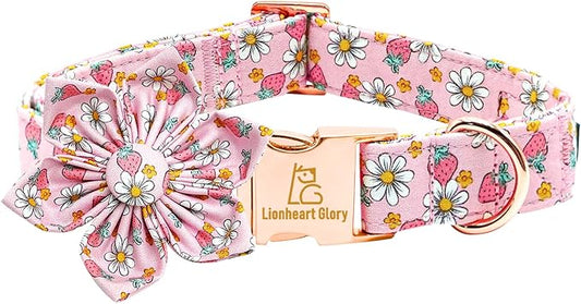 Lionheart glory Dog Collar Flower Collar Pink Dog Collar with Flower Spring Summer Cute Collar Dog Female Soft Durable Adjustable Dog Collars for Small Dogs, B:Strawberries