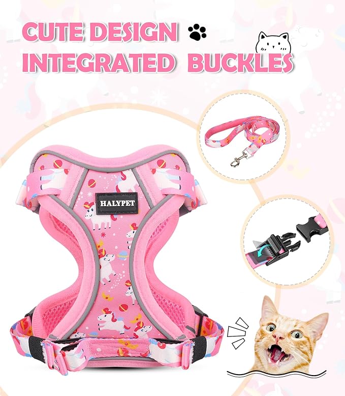 Halypet Cat Harness and Leash Set[MAX Safety 4th-Gen] Cute Escape Proof Vest Harness for Girl&Boy Cat Walking, Comfortable Adjustable Leash and Reflective Strips for Outdoor Kitten, XS Pink Unicorn
