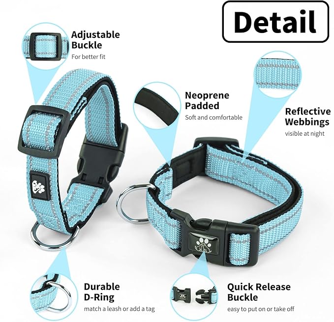 NESTROAD Reflective Dog Collar and Leash Set,Soft Neoprene Pet Collar with Quick Release Buckle,Adjustable Nylon Dog Collars for Small Medium Large Dogs(Large Collar+ 5FT Leash,Blue)