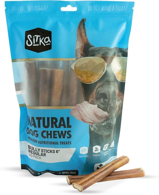 Sitka Farms Bully Sticks - Long Lasting Natural Chew Treats for Dogs - 6 Inch, 40 Count