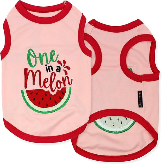 Parisian Pet Dog Tshirt - Embroidered “ One in a Melon “ Tank Top - 100% Cotton and Lightweight Dog Clothes - Sleeveless Tee Shirts - Machine Washable Shirt for Medium Dogs - Pet Vest - M