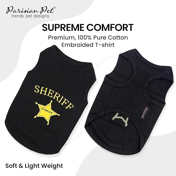 Parisian Pet Dog Tshirt - Embroidered “ Sheriff “ Dog Shirt - Lightweight and Skin Friendly Dog Clothes - Sleeveless Black Dog Tee Shirts - Machine Washable Dog Shirts for Medium Dogs - M