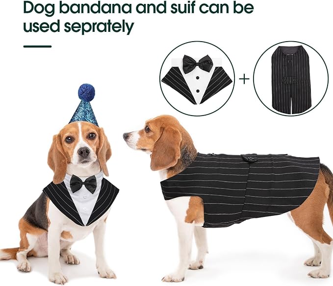 Kuoser Dog Tuxedo Dog Suit and Bandana Set, Dogs Tuxedo Wedding Party Suit, Dog Prince Wedding Bow Tie Shirt Formal Dog Wedding Attire for Large and Medium Dogs Golden Retriever Samo Bulldogs