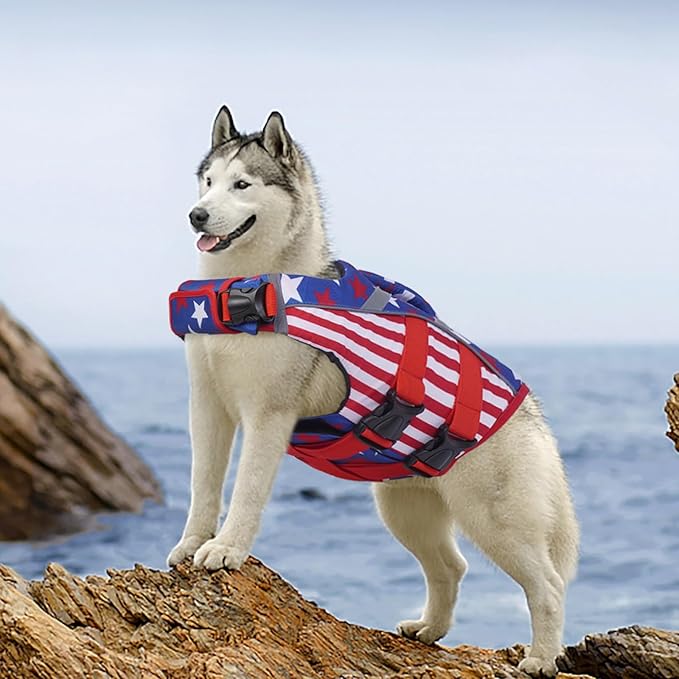 Kuoser Dog Life Jacket XL, American Flag Large Dog Life Vests for Swimming Boating, Reflective Dog Water Vest with High Flotation, Dog Swim Vest for Large Dogs