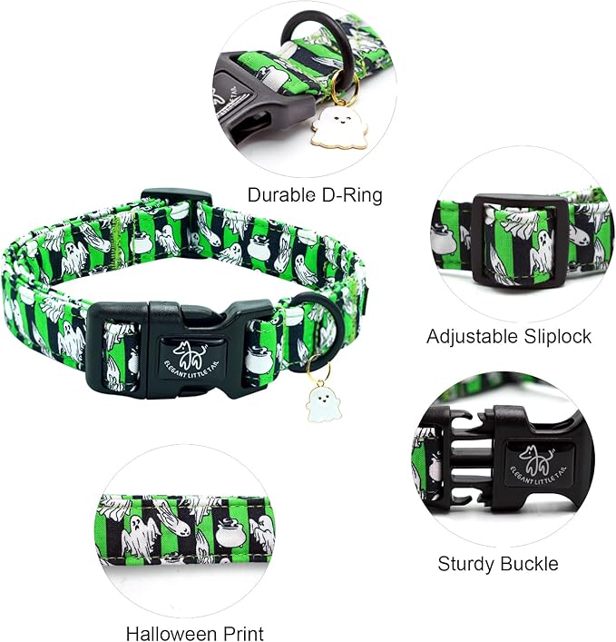 Elegant little tail Halloween Dog Collar, Ghosts Print Fall Male Cute Puppy Adjustable Cotton Pet Collar with Quick Release Buckle for Small Medium Large Dogs