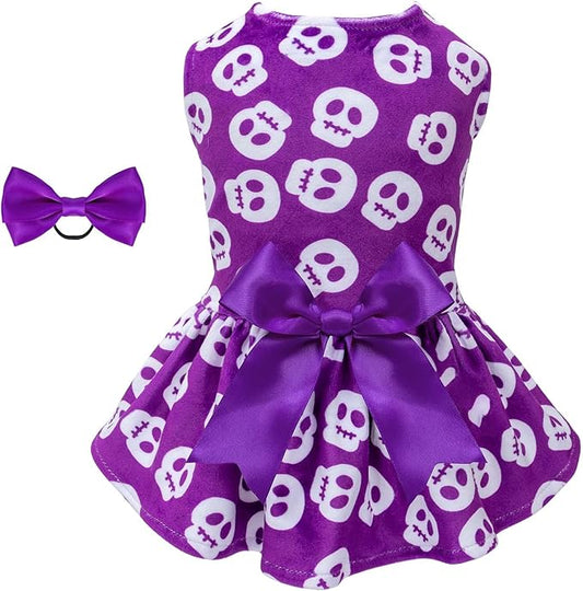 CuteBone Dog Dresses Velvet Holiday Small Dogs Clothes Onesie Pet Apparel Girl Puppy Skirt with Bow Hair Rope CVA35L