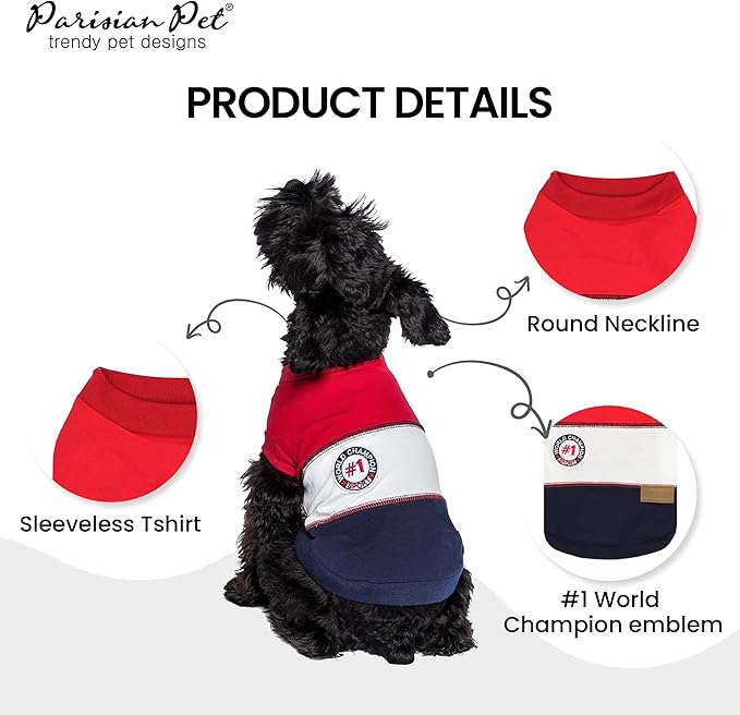 Parisian Pet 'Worlds Champion' Embroidered Dog Shirt - Lightweight Sleeveless Color Block Tee - Machine Washable for Medium Dogs - M