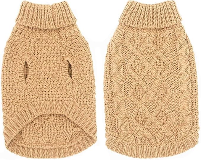 Mihachi Turtleneck Dog Sweater - Winter Coat Apparel Classic Cable Knit Clothes with Leash Hole for Cold Weather, Ideal Gift for Pet in New Year Khaki