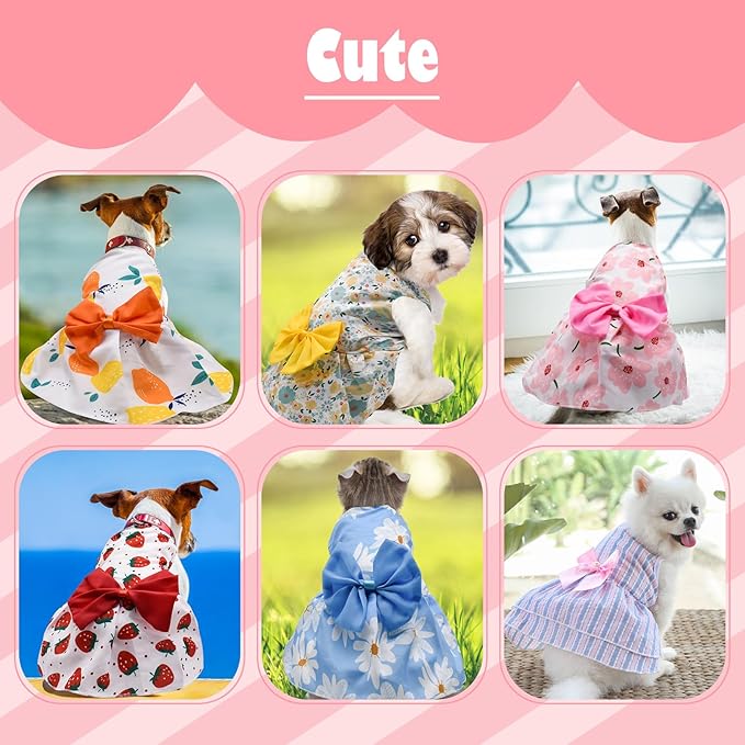 6 Pieces Dog Dresses for Small Dogs Girls, Cute Princess Puppy Kitten Dog Dresses with Flowers and Bowknot for Pet Cats, Small Dogs' Outfits Female Pet Skirts Clothes for Chihuahua Yorkies