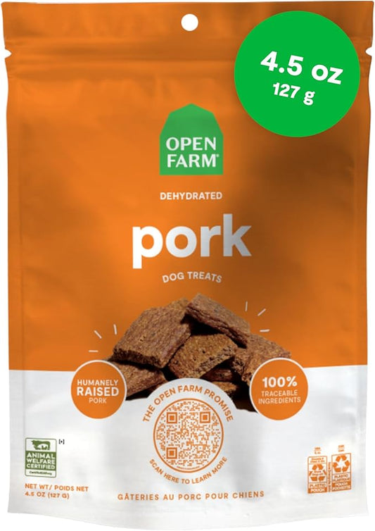 Open Farm, Dehydrated Dog Treats, High Protein & Low Carbohydrate Dog Snacks, Chewy Texture, Made with Ethically & Sustainably Sourced Ingredients, Pork Recipe, 4.5oz Pouch