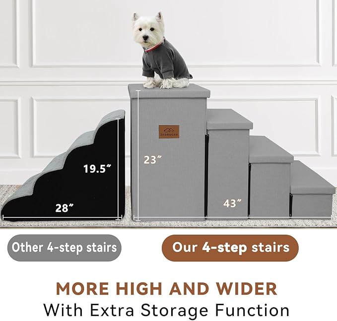 Dog Stairs with Storage 23" H, 4-Step Wider Dog Steps for High Beds Window, Folding Sturdy Pet Stairs Gift for Small/Medium/Large Old Dogs Cats, Ramp for Climbing Car Up to 200 lbs, Smok Gray