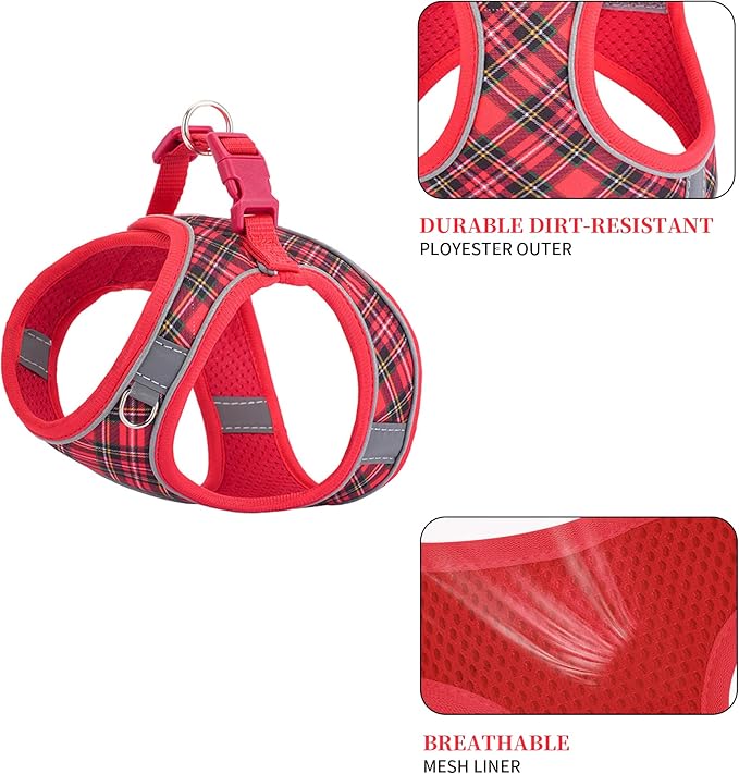 No Pull Dog Harness and Leash Set for Extra-Small Dogs Puppy Cats Ajustable Classic Plaid Dog Vest Harness Soft Mesh Reflective Step-in Harness Escape Proof for Walking Red XS