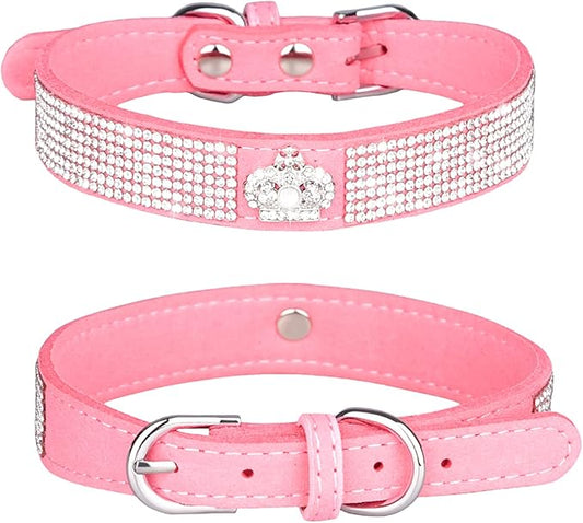 Rhinestone Dog Collar, Cute Dazzling Sparkling Soft Suede Leather Dog Cat Rhinestone Collar Crystal Diamond Pet Dog Puppy Collar (M, Pink-4)