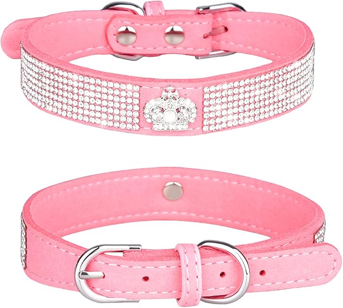 Rhinestone Dog Collar, Cute Dazzling Sparkling Soft Suede Leather Dog Cat Rhinestone Collar Crystal Diamond Pet Dog Puppy Collar (XS, Pink-4)