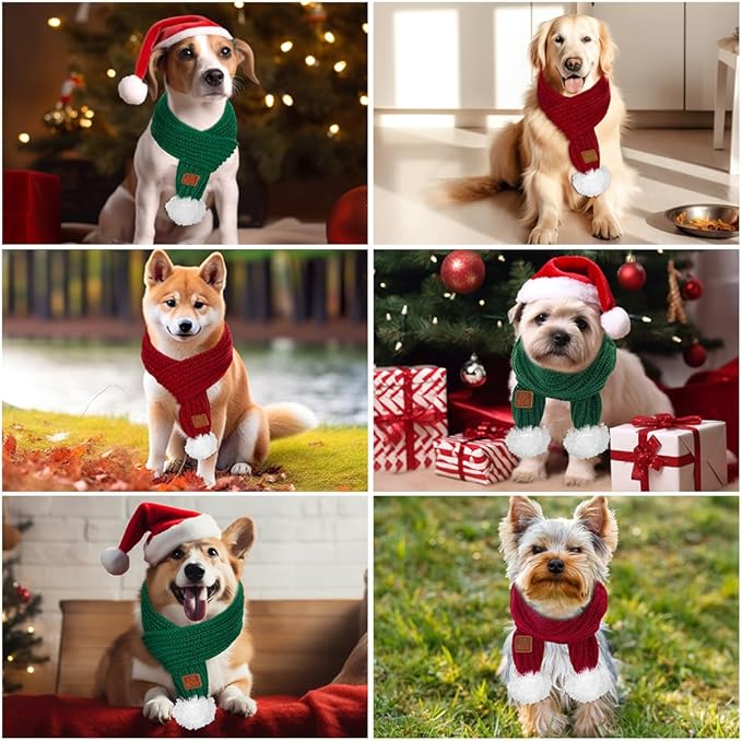 SlowTon Dog Knitted Scarf, 2 Pack Dog Warm Bandanas, Winter Holiday Decoration Scarf for Small Medium Large Dogs (Red,Green)