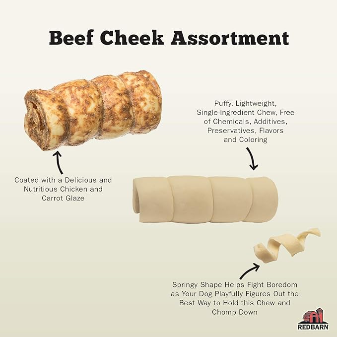 Redbarn Pet Products All-Natural Large Beef Cheek Rolls for Dogs, Uncoated - Single Ingredient Grain-Free Chew Naturally Rich in Collagen - No Artificial Preservatives - Case of 12 Rolls