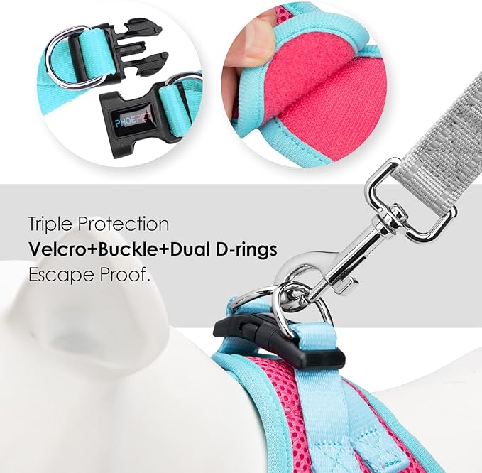 PHOEPET Step-in Dog Harness,Reflective Adjustable Dog Vest Harness, Soft Pet Walking Jacket with 2 Metal Leash Hooks for Dog and Cat(Pink Base & Green Straps,XL)