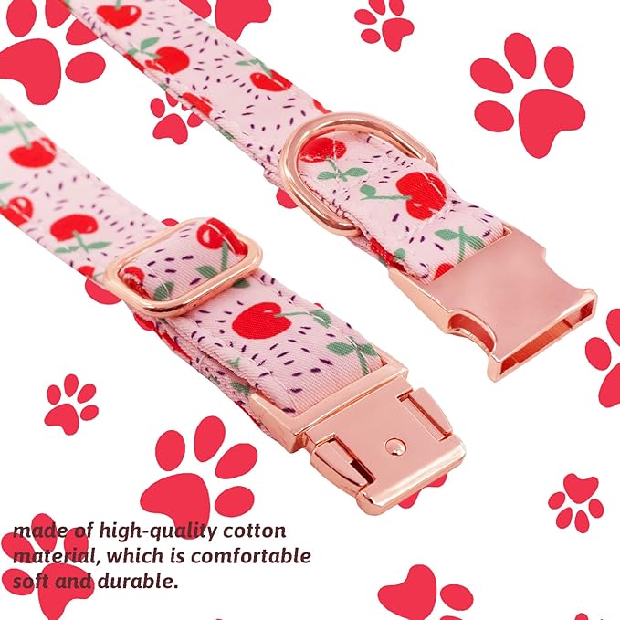 Dog Collar and Leash Set Girls Adjustable Puppy Collars with Floral Bow Tie for Small Medium Large Female Dogs, Cherry, S